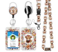 IBOVODI Vintage Highland Cow Lanyards for ID Badge Holder for Women, Cute Florals Teacher Lanyard with ID Holder Clip, Retractable Keychain Badge Reel, Teacher Student Nurse Work Office