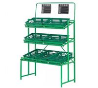 IBOWZ Vegetable rack 3-Tier Floor Market Basket Display Rack, Retail Display Baskets Shelf Organizer With 7 Plastic Basket For Grocery Stores Supermarket, Fresh Goods Market Stand, Holds 330 Lbs