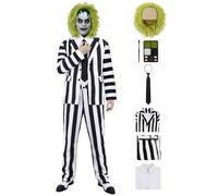 IBQ Black and White Striped Suit Adult Halloween Costumes Men Scary 80s Horror Movie Character Cosplay Outfit with Wig Shirt Tie BQ035M