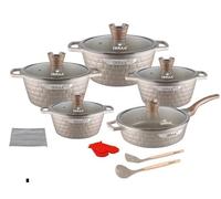 IBRAA 15Pcs Cooking pots/pan, Non-Stick, Induction, Bricks Shape, Inside Granite, semi- Thick Glass lid, Two Gloves, Two Cooking Spoons with a Cleaner,Set of Five Cooking pots and a pan. (Champagne)
