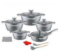 IBRAA 15Pcs Cooking pots/pan, Non-Stick, Induction, Bricks Shape, Inside granite, semi- Thick Glass lid, Two Gloves, two cooking spoons with a cleaner,Set of Five Cooking pots and a pan. (Grey/Silver)