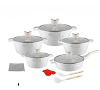 IBRAA 15Pcs Cooking pots/pan, Non-Stick, Induction, Bricks Shape, Inside Granite, semi- Thick Glass lid, Two Gloves, Two Cooking Spoons with a Cleaner,Set of Five Cooking pots and a pan.(White)