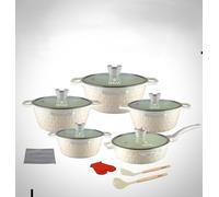 IBRAA 15Pcs Cooking pots/pan, Non-Stick, Induction, Bricks Shape, Inside Granite, semi- Thick Glass lid, Two Gloves, Two Cooking Spoons with a Cleaner,Set of Five Cooking pots and a pan. (Cream)