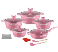 IBRAA 15Pcs Cooking pots/pan, Non-Stick, Induction, Bricks Shape, Inside Granite, semi- Thick Glass lid, Two Gloves, Two Cooking Spoons with a Cleaner,Set of Five Cooking pots and a pan. (Pink)