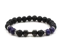 Ibralet Lava Stone Bracelet, Black Barbell Natural Onyx Volcanic Stone Beads Men'S Charm Bangle, Dark Blue Chakra Elastic Beaded Cuff Unisex Wristband Jewelry Festival Couple Gift Friendship