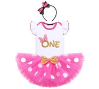 IBTOM CASTLE 1/2/1st/2nd/3rd Birthday Outfits for Baby Girls Princess Costume Ruffle Romper/Tshirt Top+Polka Dots Tutu Skirt+Headband 3pcs Cake Smash Photo Shoot Hot Pink-ONE 1 Year