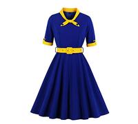 IBTOM CASTLE 1940s Dress for Women, Short Sleeve A-line Vintage Dress Fit and Flared Cocktail Dress Retro Bow Tie Swing Dresses with Belt for Wedding Guest Summer Holiday Party Royal Blue+Yellow XXL