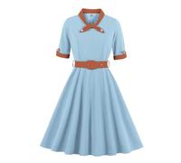 IBTOM CASTLE 1940s Dress for Women Vintage Short Sleeve A-line Cocktail Dress Retro Bow Tie Swing Dresses with Belt for Wedding Guest Summer Holiday Tea Party Light blue+orange XXL