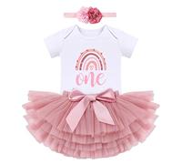 IBTOM CASTLE 1st Birthday For Girl Cake Smash Outfit Rainbow Romper + Tutu Skirt + Headband 3pcs Set One Year Old Girl Dress Photo Shoot Clothes Bean paste One+Headband 1Year