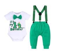 IBTOM CASTLE 1st Birthday Outfit for Boys Jungle Safari Theme Wild ONE Bow Tie Romper Pants Suspenders 3PCS Set First Birthday Cake Smash Photoshoot Outfit Dinosaur-1st birthday 6-12Months