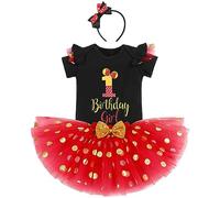 IBTOM CASTLE 1st Birthday Outfits for Baby Girls Short Sleeve Romper/T-shirt Top+Polka Dot Tulle Tutu Skirt Headband 3PCS Princess Birthday Party Dress Cake Smash Photo shoot Black+Red-1 1 Years