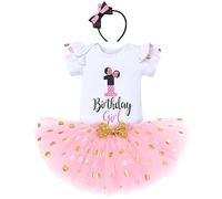 IBTOM CASTLE 1st Birthday Outfits for Baby Girls Short Sleeve Romper/T-shirt Top+Polka Dot Tulle Tutu Skirt Headband 3PCS Princess Birthday Party Dress Cake Smash Photo shoot White+Pink-1 1 Years