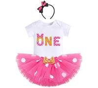 IBTOM CASTLE 1st Birthday Outfits for Baby Girls Short Sleeve Romper Top+Polka Dots Tutu Skirt+Headband 3pcs Minnie Mouse Party Cake Smash Clothes for Photo Props Hot Pink-ONE 1 Year