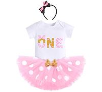 IBTOM CASTLE 1st Birthday Outfits for Baby Girls Short Sleeve Romper Top+Polka Dots Tutu Skirt+Headband 3pcs Minnie Mouse Party Cake Smash Clothes for Photo Props Pink-ONE 1 Year