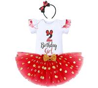 IBTOM CASTLE 2nd Birthday Outfits for Baby Girls Short Sleeve Romper/T-shirt Top+Polka Dot Tulle Tutu Skirt Headband 3PCS Princess Birthday Party Dress Cake Smash Photo shoot White+Red-2 2 Years