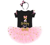 IBTOM CASTLE 2nd Birthday Outfits for Baby Girls Short Sleeve Romper/T-shirt Top+Polka Dot Tulle Tutu Skirt Headband 3PCS Princess Birthday Party Dress Cake Smash Photo shoot Black+Pink-2 2 Years