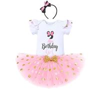 IBTOM CASTLE 2nd Birthday Outfits for Baby Girls Short Sleeve Romper/T-shirt Top+Polka Dot Tulle Tutu Skirt Headband 3PCS Princess Birthday Party Dress Cake Smash Photo shoot White+Pink-2 2 Years