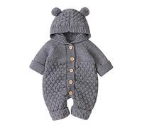 IBTOM CASTLE 3D Bear Ears Hooded Romper for Unisex Newborn Long Sleeve Knitted Sweater Jumpsuit Playsuit One-Piece Bodysuit Winter Warm Outerwear Sleepwear Gray 0-6 Months