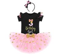 IBTOM CASTLE 3rd Birthday Outfits for Baby Girls Short Sleeve Romper/T-shirt Top+Polka Dot Tulle Tutu Skirt Headband 3PCS Princess Birthday Party Dress Cake Smash Photo shoot Black+Pink-3 3 Years