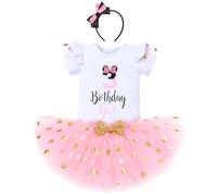 IBTOM CASTLE 3rd Birthday Outfits for Baby Girls Short Sleeve Romper/T-shirt Top+Polka Dot Tulle Tutu Skirt Headband 3PCS Princess Birthday Party Dress Cake Smash Photo shoot White+Pink-3 3 Years