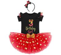 IBTOM CASTLE 3rd Birthday Outfits for Baby Girls Short Sleeve Romper/T-shirt Top+Polka Dot Tulle Tutu Skirt Headband 3PCS Princess Birthday Party Dress Cake Smash Photo shoot Black+Red-3 3 Years