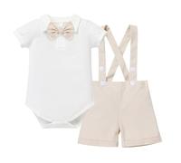 IBTOM CASTLE Baby Boy Outfits Set, 3pcs Short Sleeves Gentleman Jumpsuit Romper Shirt Pants Bowtie 6-12 Months