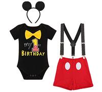 IBTOM CASTLE Baby Boys First Birthday Cake Smash Outfit Short Sleeve Bowtie Romper+Y-Back Suspenders+Bloomers Shorts Pants+Ear Headband 4pcs Set Black 1st Birthday Boxer 9-12 Months