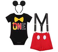 IBTOM CASTLE Baby Boys First Birthday Cake Smash Outfit Short Sleeve Bowtie Romper+Y-Back Suspenders+Bloomers Shorts Pants+Ear Headband 4pcs Set Black One Boxer 12-18 Months