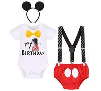 IBTOM CASTLE Baby Boys First Birthday Cake Smash Outfit Short Sleeve Bowtie Romper+Y-Back Suspenders+Bloomers Shorts Pants+Ear Headband 4pcs Set White 1st Birthay Circles 12-18 Months