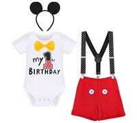 IBTOM CASTLE Baby Boys First Birthday Cake Smash Outfit Short Sleeve Bowtie Romper+Y-Back Suspenders+Bloomers Shorts Pants+Ear Headband 4pcs Set White Boxer buttons 12-18 Months
