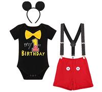 IBTOM CASTLE Baby Boys First Birthday Cake Smash Outfit Short Sleeve Bowtie Romper+Y-Back Suspenders+Bloomers Shorts Pants+Ear Headband 4pcs Set Black Boxer buttons 12-18 Months