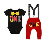 IBTOM CASTLE Baby Boys First Birthday Cake Smash Outfits Bowtie Romper+Adjustable Y Suspenders+Pants+Mouse Ears Headband 4pcs Gentleman Set Photo Shoot Black-One 12-18 Months