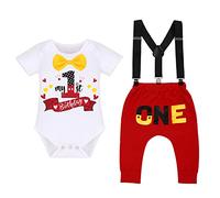 IBTOM CASTLE Baby Boys First Birthday Cake Smash Outfits Bowtie Romper+Adjustable Y Suspenders+Pants+Mouse Ears Headband 4pcs Gentleman Set Photo Shoot Red+White 12-18 Months