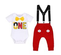 IBTOM CASTLE Baby Boys First Birthday Cake Smash Outfits Bowtie Romper+Adjustable Y Suspenders+Pants+Mouse Ears Headband 4pcs Gentleman Set Photo Shoot White-Buttons 6-12 Months