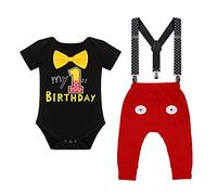 IBTOM CASTLE Baby Boys First Birthday Cake Smash Outfits Bowtie Romper+Adjustable Y Suspenders+Pants+Mouse Ears Headband 4pcs Gentleman Set Photo Shoot Black-1st Birthday 12-18 Months