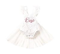 IBTOM CASTLE Baby Girl 1st Birthday Outfit Boho Ruffle Sleeveless Lace Tulle Romper Princess Tutu Dress Backless Infant Bodysuit First Birthday Photoshoot Clothes White 12-18 Months