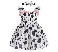 IBTOM CASTLE Baby Girl Birthday Party Dress Toddler Princess Summer Clothes Flutter Sleeve Backless Lace Strawberry Print Ruffle Dress and Bow Headband Casual Sundress Milk Cow 2-3 Years