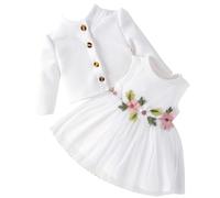 IBTOM Castle Baby Girls Floral Print Dress Cardigan 2PCS Set Newborn Infant Sleeveless Cotton Dresses with Bow Coat Brithday Dress Toddler Girls Clothes White 12-18 Months