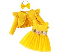 IBTOM CASTLE Baby Girls Floral Print Dress Cardigan 2PCS Set Newborn Infant Sleeveless Cotton Dresses with Bow Coat Brithday Dress Toddler Girls Clothes Long Sleeve Yellow 12-18 Months