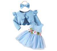 IBTOM CASTLE Baby Girls Floral Print Dress Cardigan 2PCS Set Newborn Infant Sleeveless Cotton Dresses with Bow Coat Brithday Dress Toddler Girls Clothes Long Sleeve Blue 3-6 Months