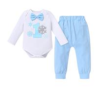 IBTOM CASTLE Cake Smash Outfit 1st Birthday Boy, Toddler First Christmas Costume Long Sleeve Snowflakes Romper +Pants Winter Baby Clothes for Christmas Xmas Party Cake Smash Blue(2pcs) 1Year