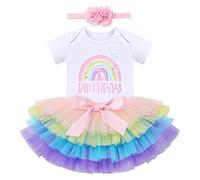 IBTOM CASTLE Cake Smash Outfit 1st Birthday Girl Rainbow Romper + Tutu Skirt + Headband 3pcs Set One Year Old Girl Dress Photo Shoot Clothes Rainbow+ Headband 1Year