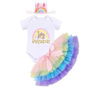IBTOM CASTLE Cake Smash Outfit 1st Birthday Girl Rainbow Romper + Tutu Skirt + Headband 3pcs Set One Year Old Girl Dress Photo Shoot Clothes Rainbow 1/2 Birthday Hat 6 months