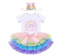 IBTOM CASTLE Cake Smash Outfit 1st Birthday Girl Rainbow Romper + Tutu Skirt + Headband 3pcs Set Two Year Old Girl Dress Photo Shoot Clothes (Rainbow+Crown, 1Year)