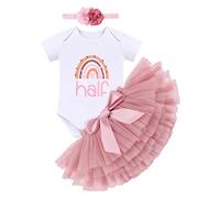 IBTOM CASTLE Cake Smash Outfit 1st Birthday Girl Rainbow Romper + Tutu Skirt + Headband 3pcs Set Two Year Old Girl Dress Photo Shoot Clothes (Pink half +Headband, 6 Months)