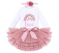 IBTOM CASTLE Cake Smash Outfit 1st Birthday Girl Rainbow Romper + Tutu Skirt + Headband 3pcs Set Two Year Old Girl Dress Photo Shoot Clothes (Two-Long Sleeve, 2 Years)