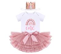 IBTOM CASTLE Cake Smash Outfit 1st Birthday Girl Rainbow Romper + Tutu Skirt + Headband 3pcs Set Two Year Old Girl Dress Photo Shoot Clothes (Bean paste One+Crown, 1Year)