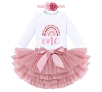 IBTOM CASTLE Cake Smash Outfit 1st Birthday Girl Rainbow Romper + Tutu Skirt + Headband 3pcs Set Two Year Old Girl Dress Photo Shoot Clothes (One-Long Sleeve, 1 Year)