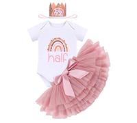IBTOM CASTLE Cake Smash Outfit 1st Birthday Girl Rainbow Romper + Tutu Skirt + Headband 3pcs Set Two Year Old Girl Dress Photo Shoot Clothes (Rainbow 1/2+ Crown, 6 Months)