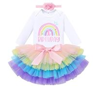IBTOM CASTLE Cake Smash Outfit 1st Birthday Girl Rainbow Romper + Tutu Skirt + Headband 3pcs Set Two Year Old Girl Dress Photo Shoot Clothes (Rainbow 1st-Long Sleeve, 1Year)
